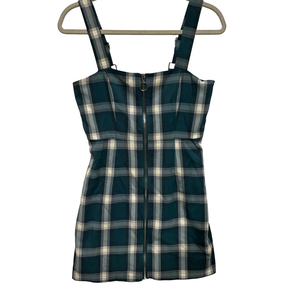 New overall romper Plaid Pinafore Dress Green Cream zipper Mini academia grunge